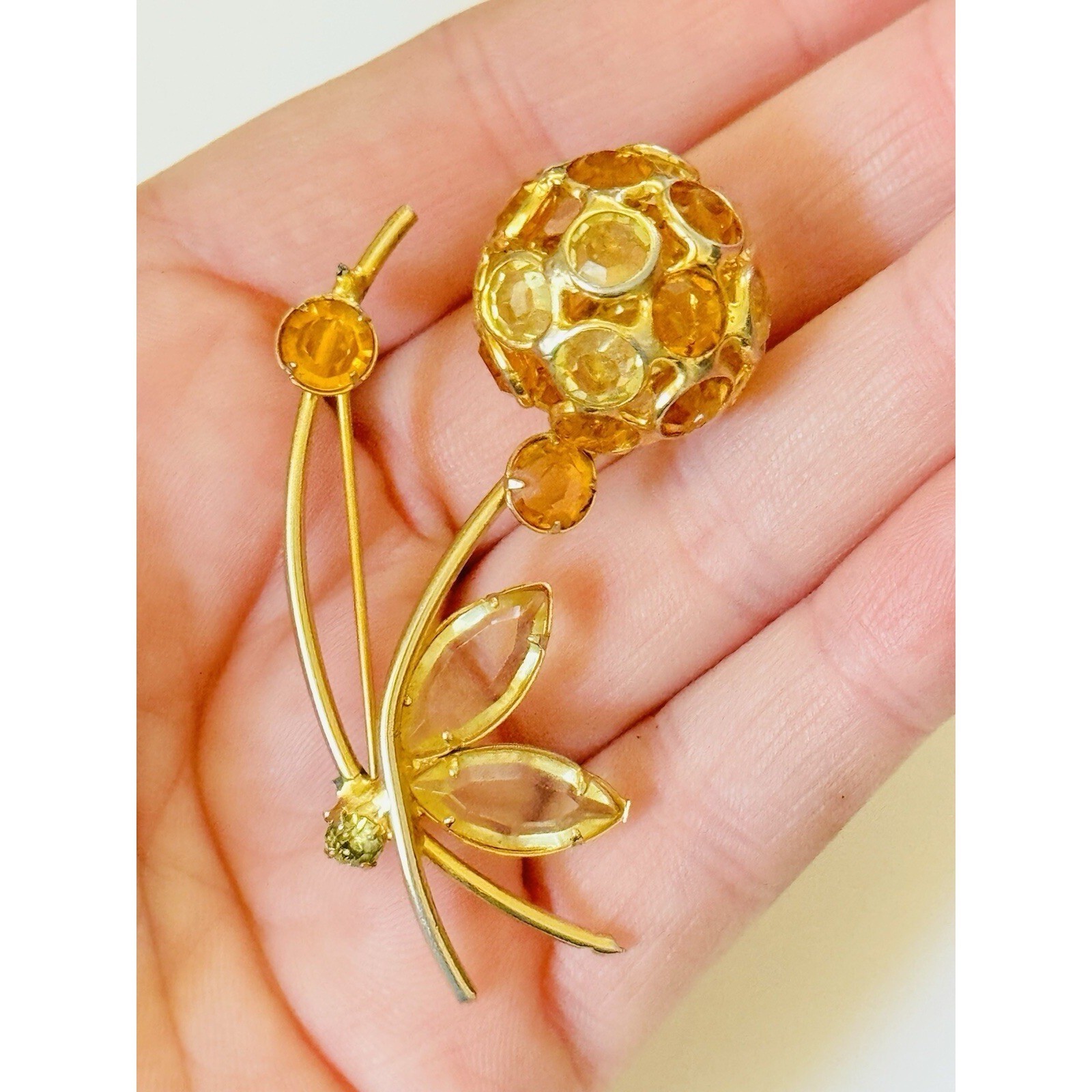 60s Yellow poppy Flower pin Brooch VTG Crystal Bezel Retro Mid Century jeweled