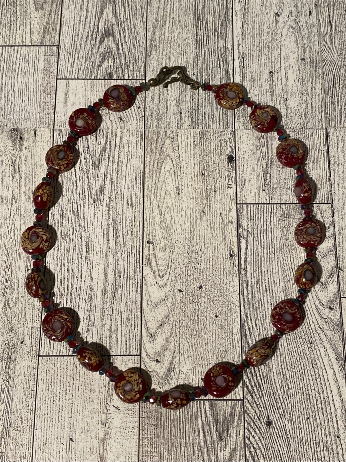 Vintage Red Millefiori Art Glass AB Iridescent Beaded Necklace Murano Style
