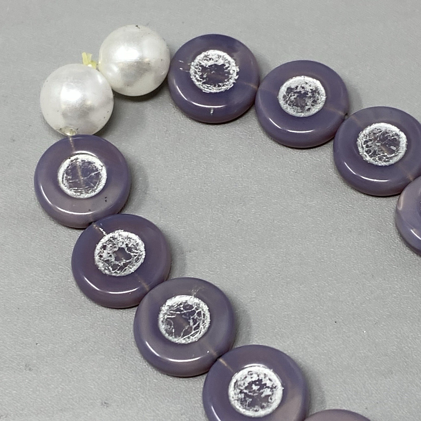 Czech Glass Bead Bracelet Stretch Purple Coin Metallic Large Opalescent 8″