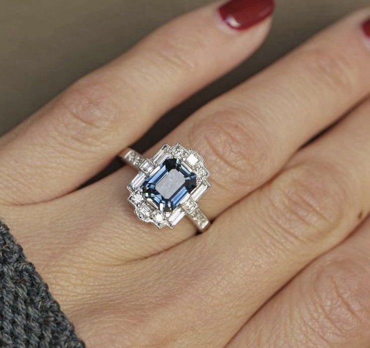 3.2 Ct Aqua Octagon Cut Art Deco Halo Engagement Mosaic Ring in Argentium Silver