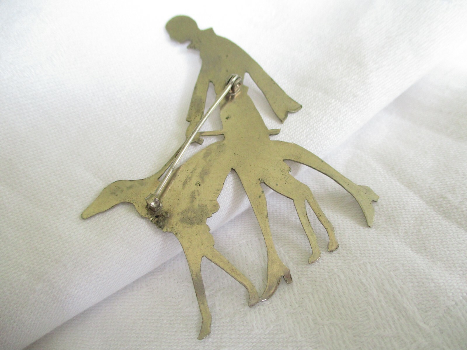 RARE Vogue ART DECO 1920s Vintage CHROME Lady Walking DOG Brooch PIN