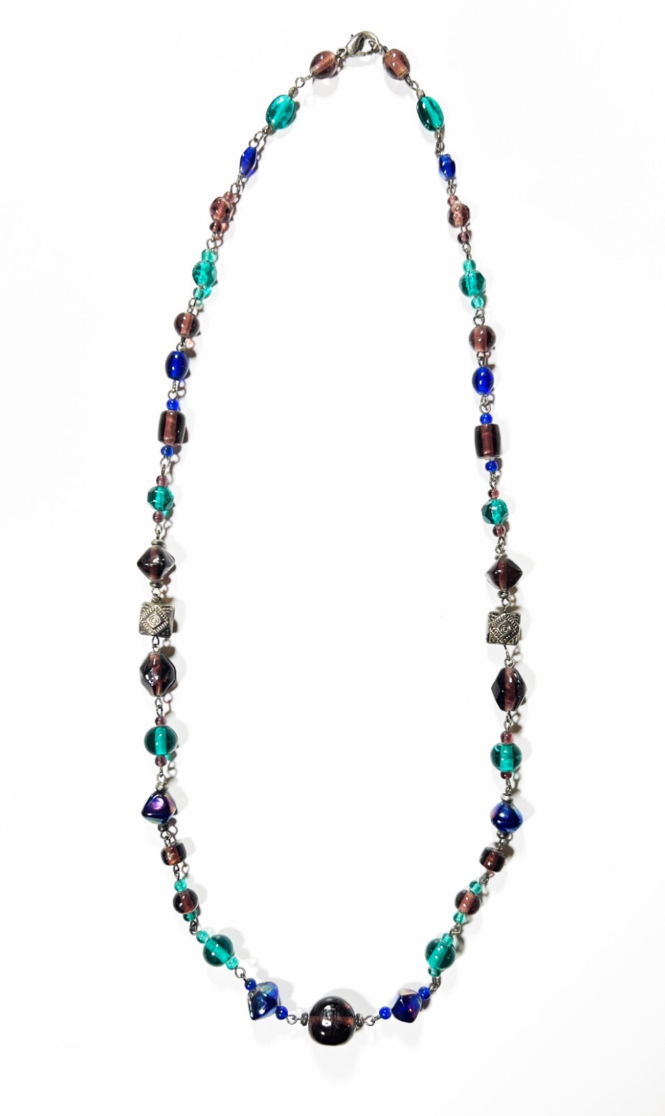Vintage Blue, Green, Red Bauble & Tribal Silver Nugget Beaded Link Necklace