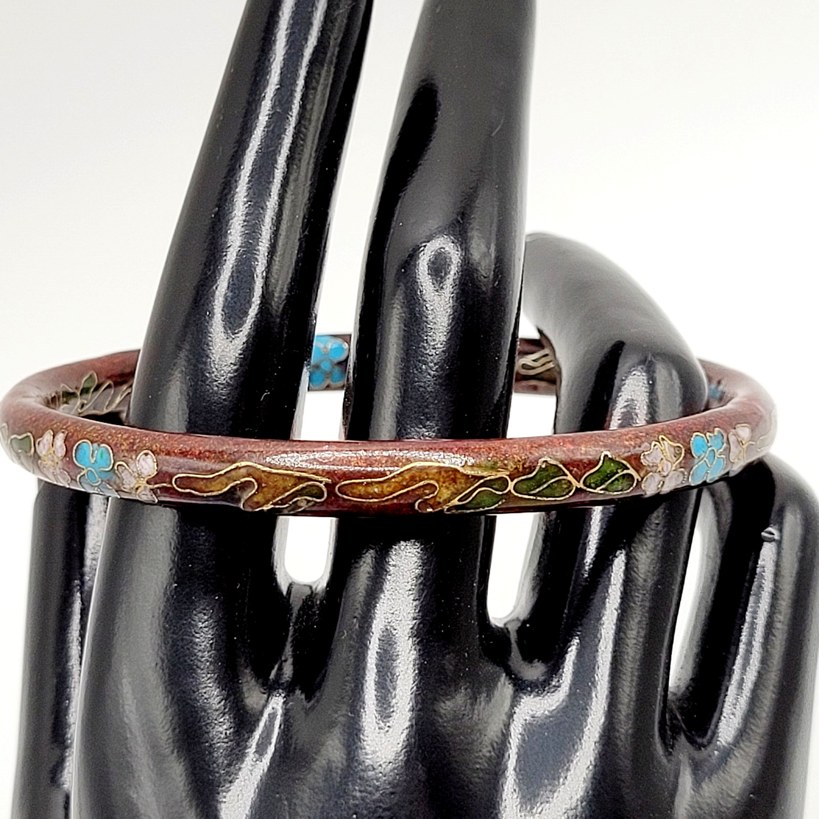 Cloisonné Deep Red Enamel Floral Hand Painted Asian Inspired Bangle Bracelet