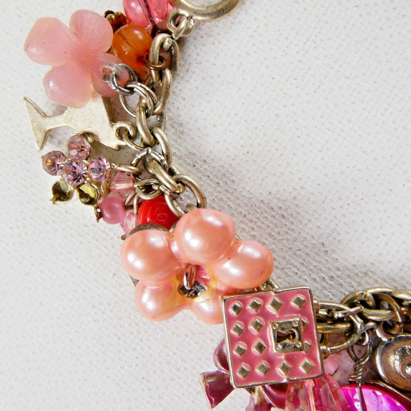 Vintage PINK Flower Charm Bracelet Floral Hearts Enamel Rhinestones Toggle Clasp