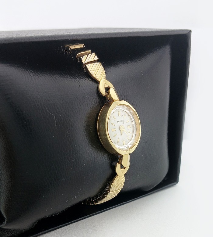 BENRUS LADY’S DIAMONDS WATCH SOLID 14K YELLOW GOLD – STRETCH BAND