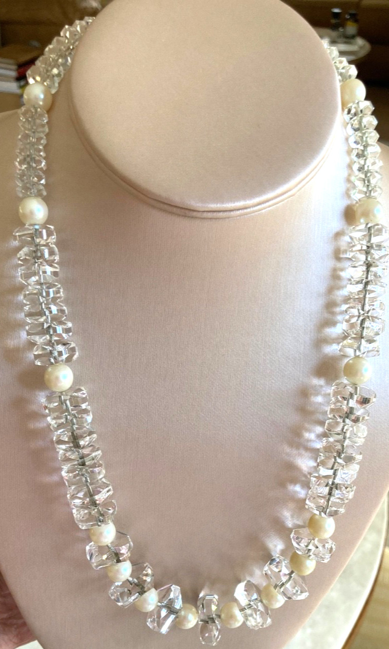 Vtg ROCK CRYSTAL Art Deco Necklace w/Pearls, Amazing Faceted Crystals 100.4grams