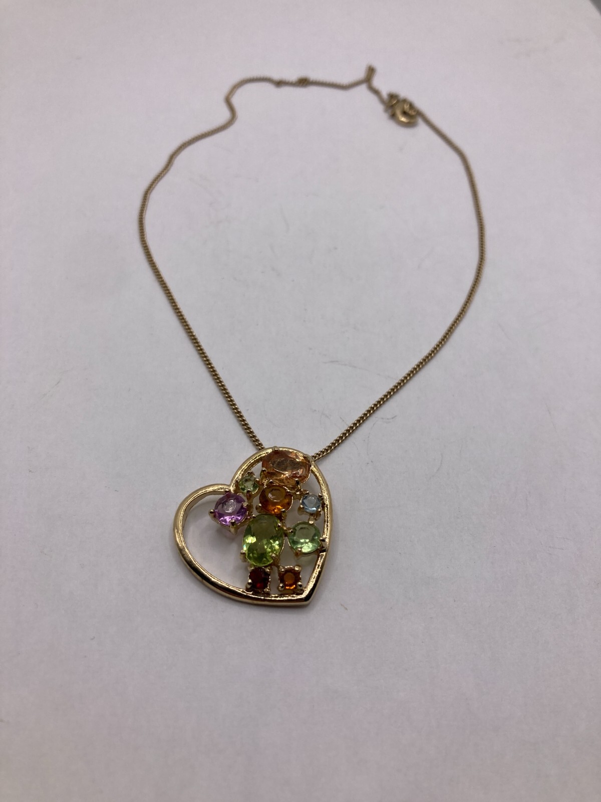 Vintage Heart-Shaped Pendant With Multicolored Stones on Goldtone Necklace