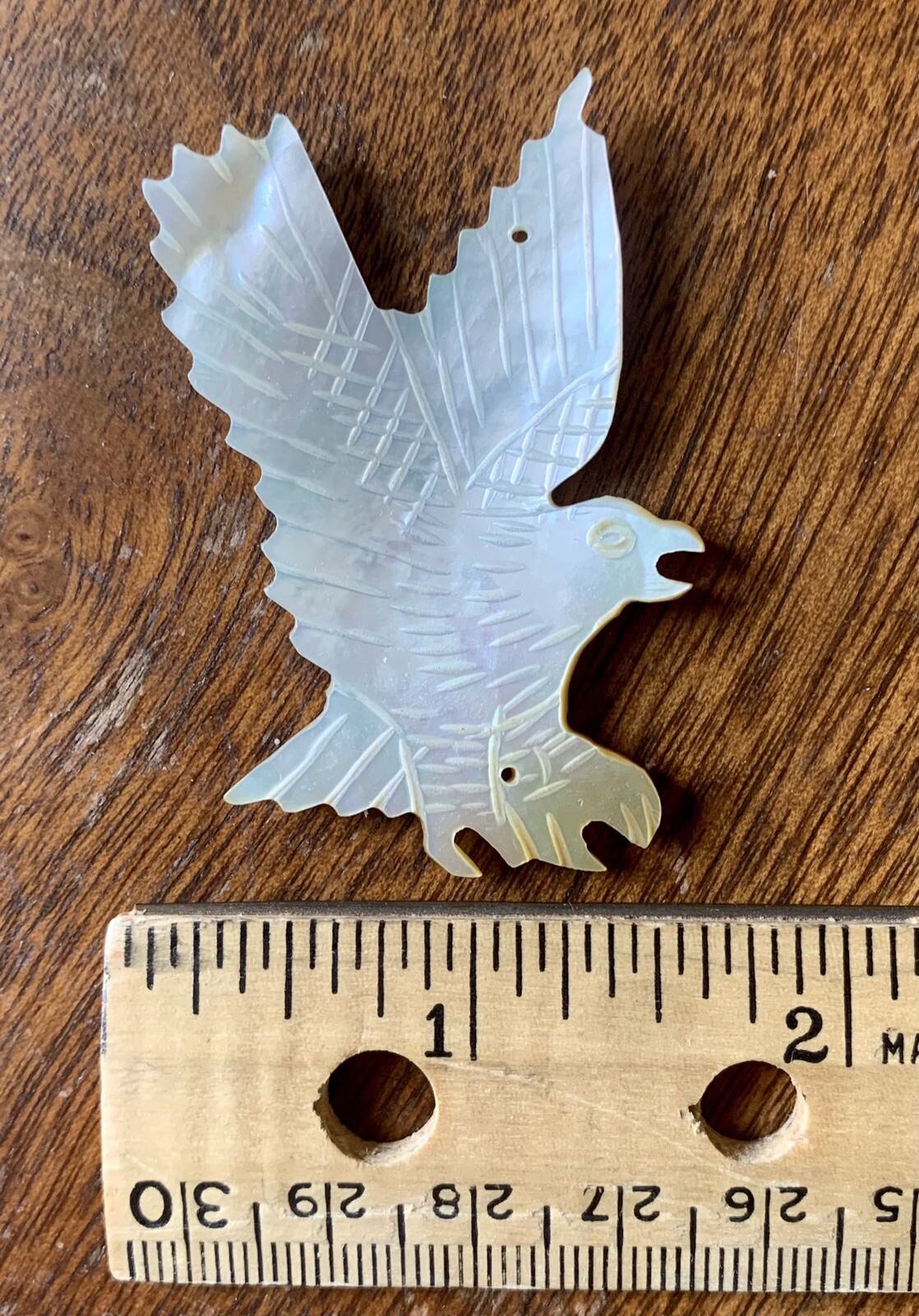 Vintage Carved Mother of Pearl Soaring White Eagle Bird Fetish Pendant 2” x 1.5”