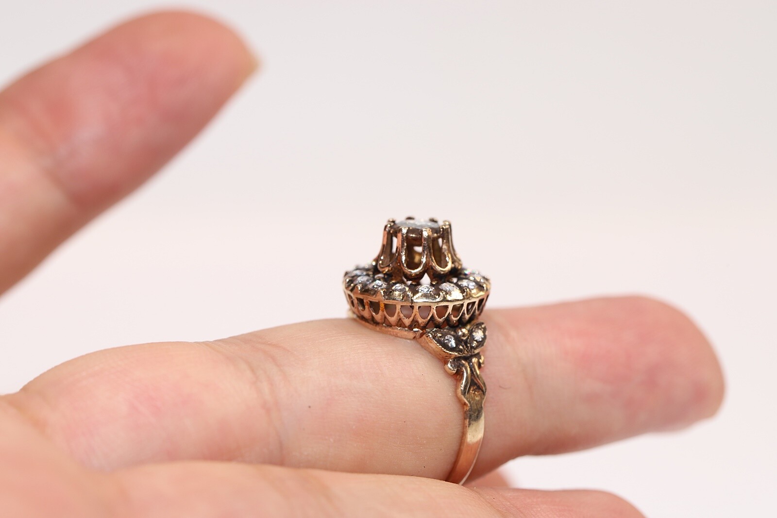 Vintage Circa 1980s 8k Gold Natural Rose Cut Diamond Decorated Ring