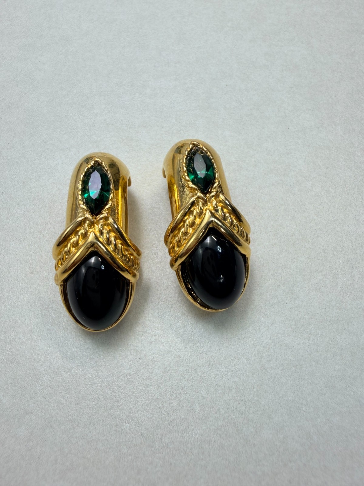 Vintage Blanca Runway Bold Black Cabochon Emerald Crystal Earrings From 80s