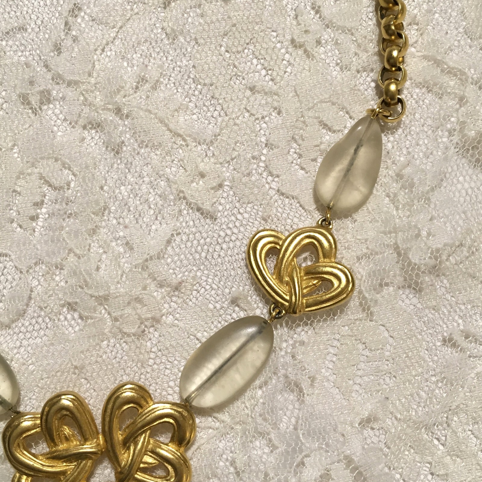 Gold Tone Clear Bead Statement Necklace Floral Open Design Round Links