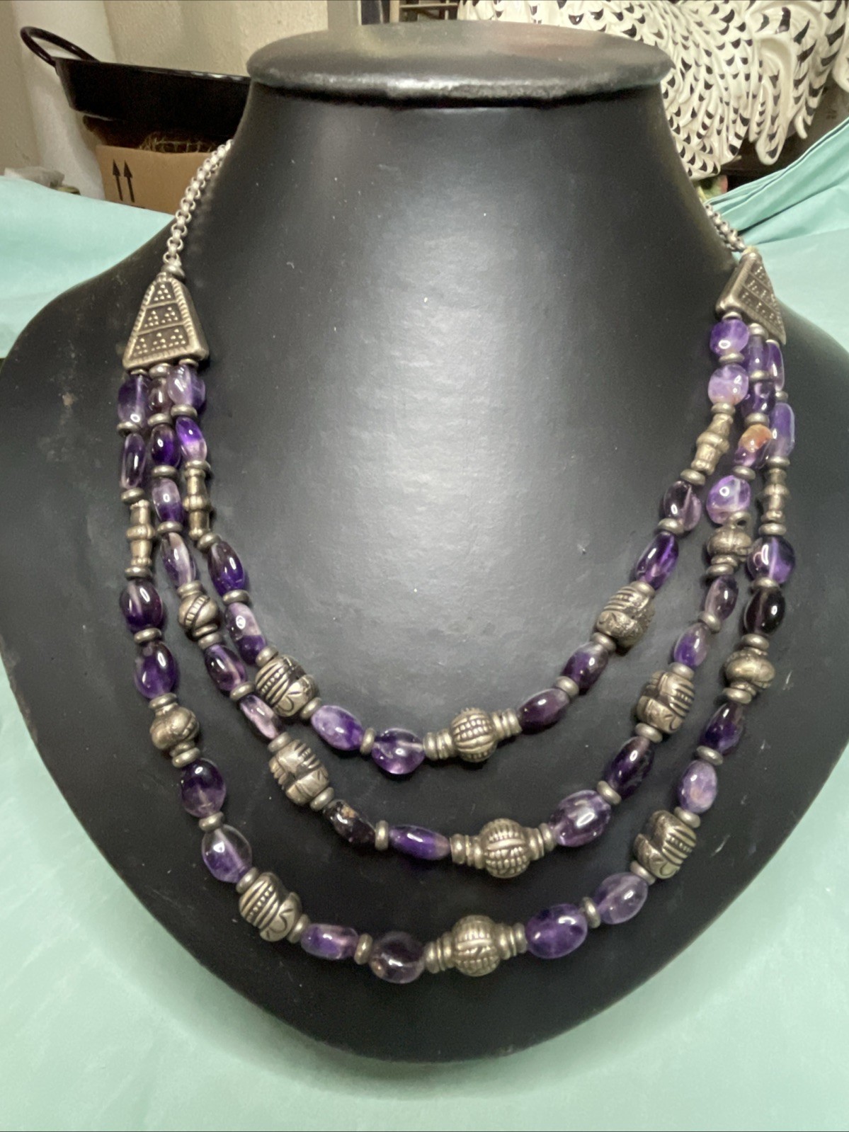 Amethyst Bead Strand Necklace Sterling Silver 20”