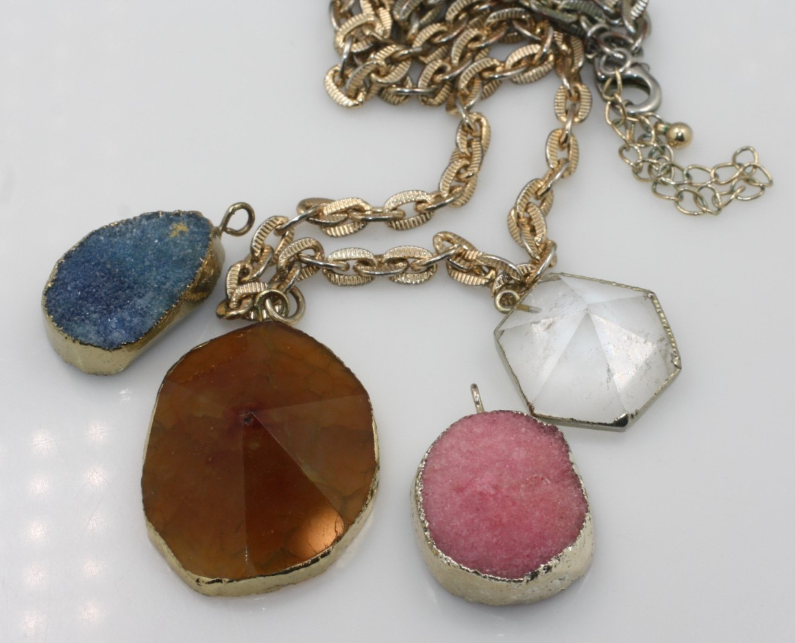 4 Vintage multi colored stones natural & druzy style pink blue clear pendant lot