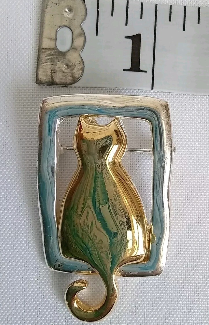 Cat In Window Pin Brooch Gold Tone Cat Pewter Window Approximately 2”