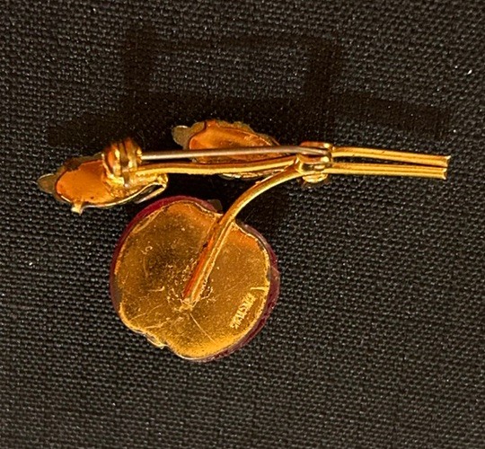 Vtg AUSTRIA Red Cherry Brooch Forbidden Fruit Frosted glass gold tone rhinestone