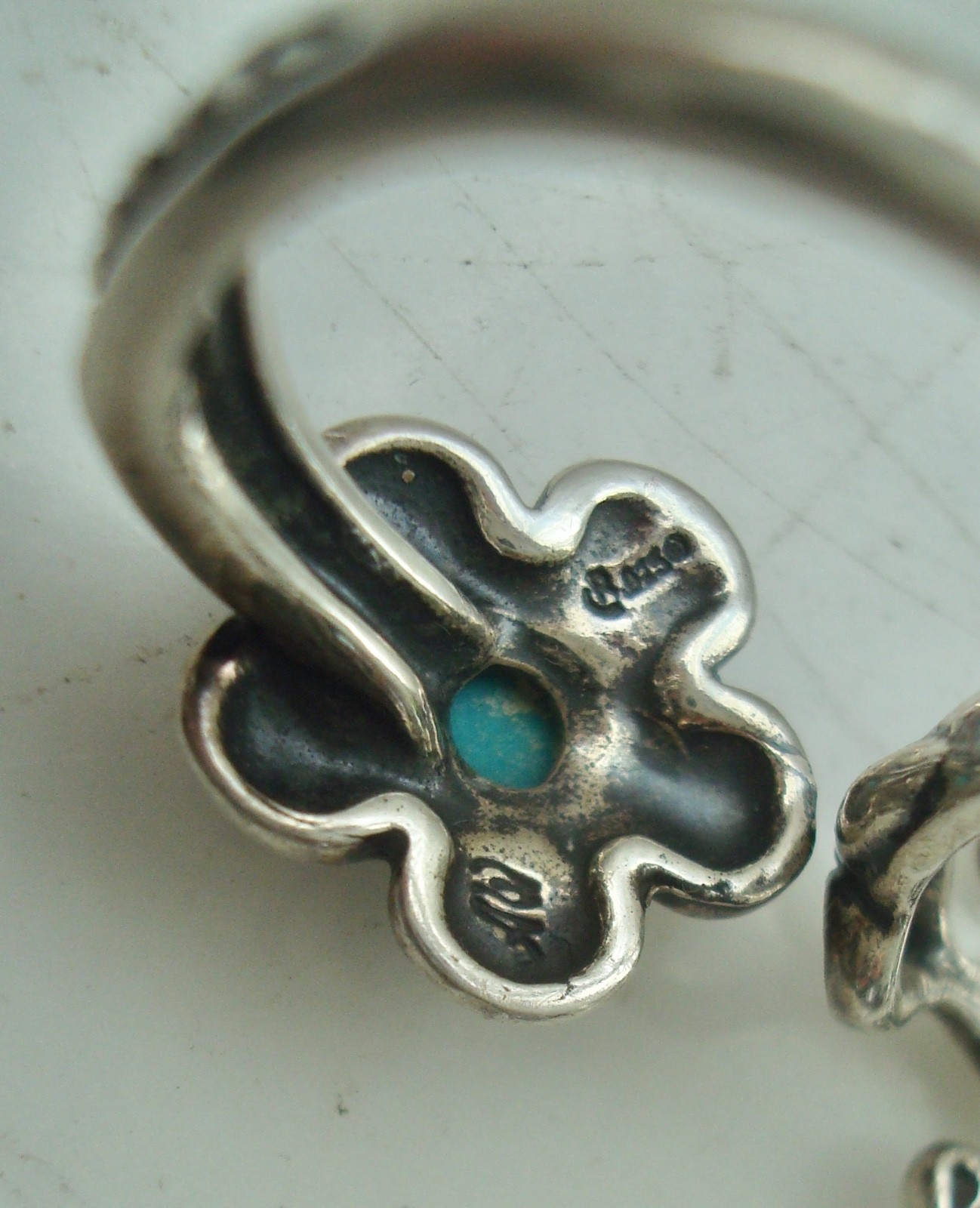 Vintage CAROLYN POLLACK STERLING Silver FLOWER Turquoise DOUBLE RING Size 9/7.5