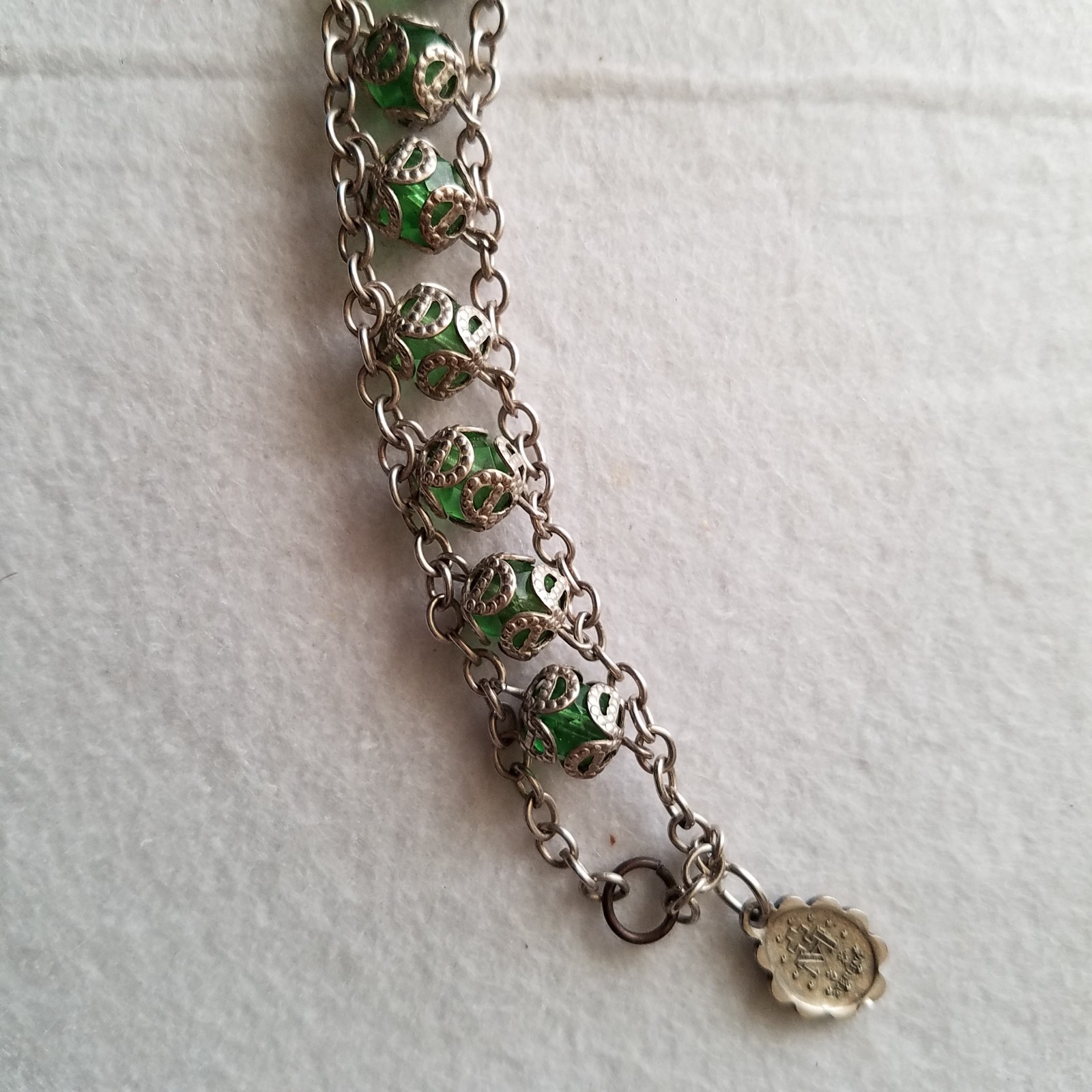 Vintage Sterling Chain Capped Green Bead Rosary Bracelet
