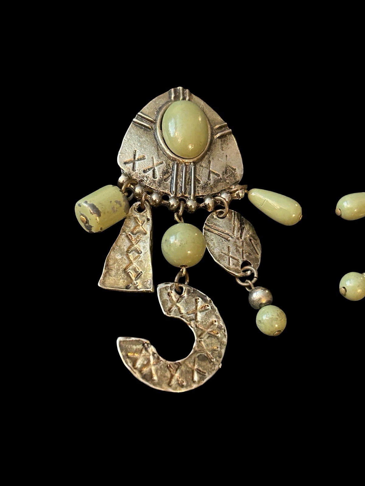 VTG Boho Tribal Metal Dangling Charm Earrings 3.5” Cabochon Green Gem Chandelier