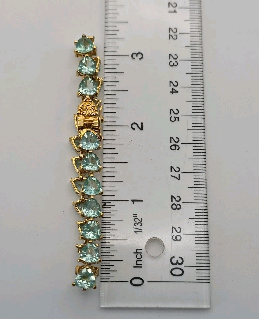 Aqua Blue Green Gold Vermeil Trillion Cut Faux Aquamarine Tennis Bracelet 6.75″