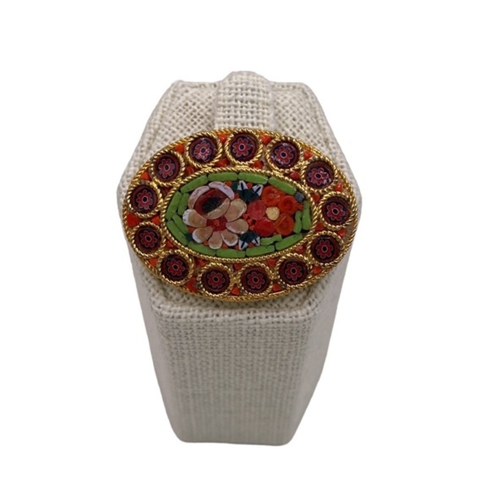 Vintage Italian Floral Micro Mosaic Oval Brooch with Safety Pin Clasp