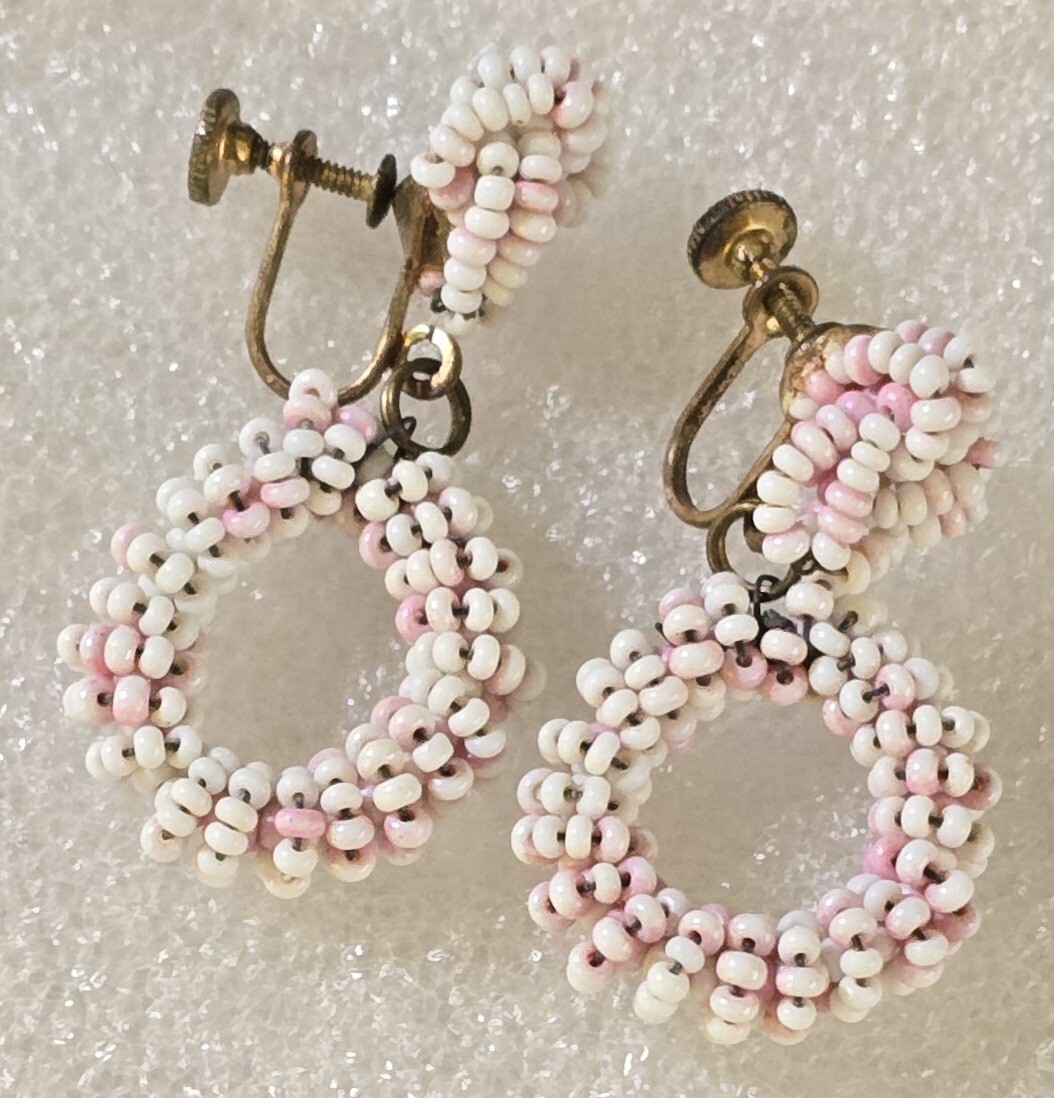 Vintage Pink White Seed Beads Beaded Dangle Drop Hoop Screw Backs Earrings