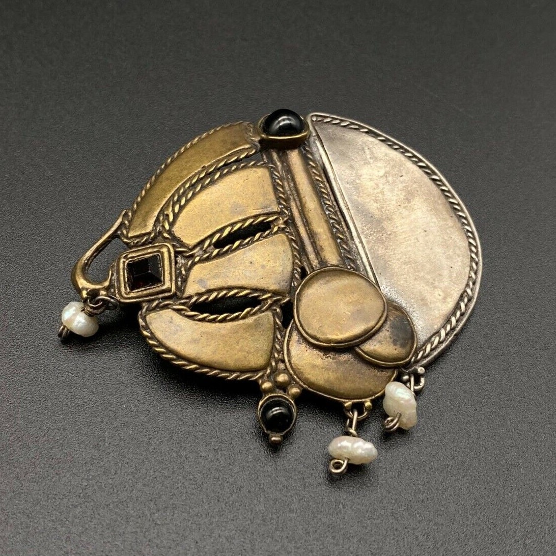 Vintage Modernist Abstract Pearl Mixed Metal Sterling Silver Brass Pin Brooch