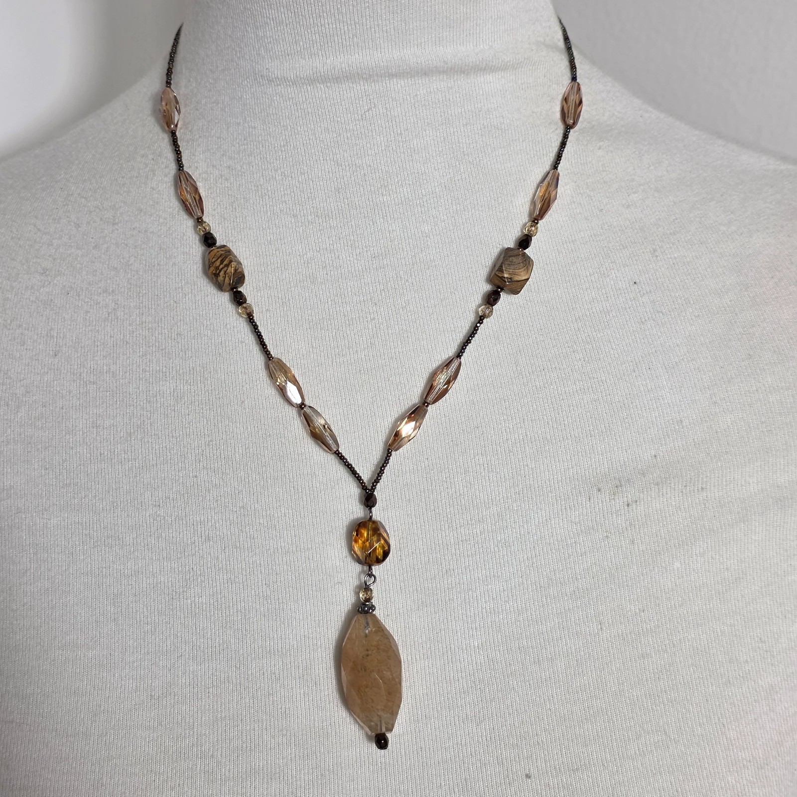 Beaded Lariat Necklace Large Irregularly Shaped Stone Earth-Tone Mix of Beads