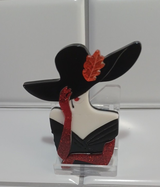 Lady with Unique Vintage Style Hat Black Red Flower and Gloves Acrylic