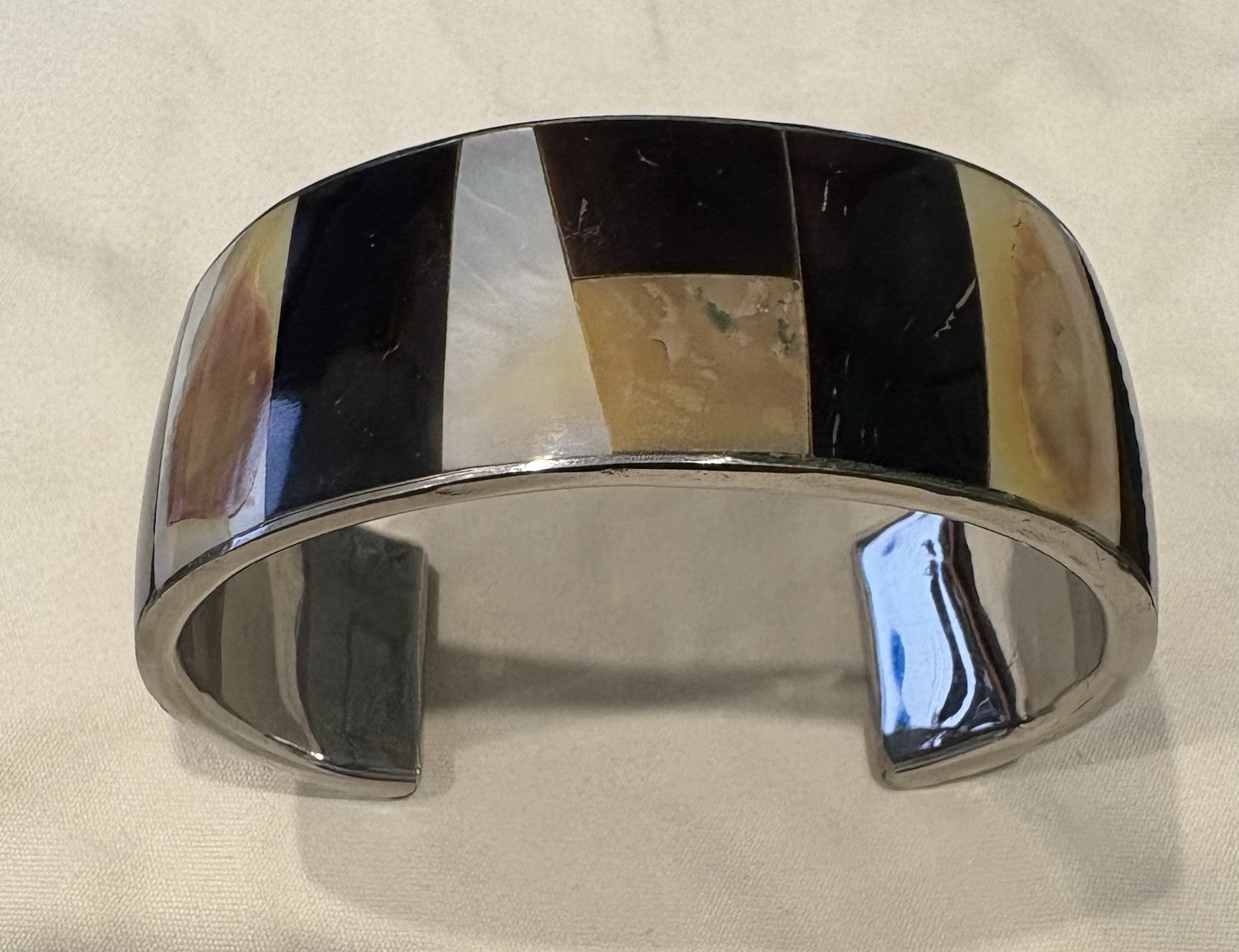 Vintage Silver Tone With Shell And Stone Inlay Cuff Bracelet, 2.5 inch diameter