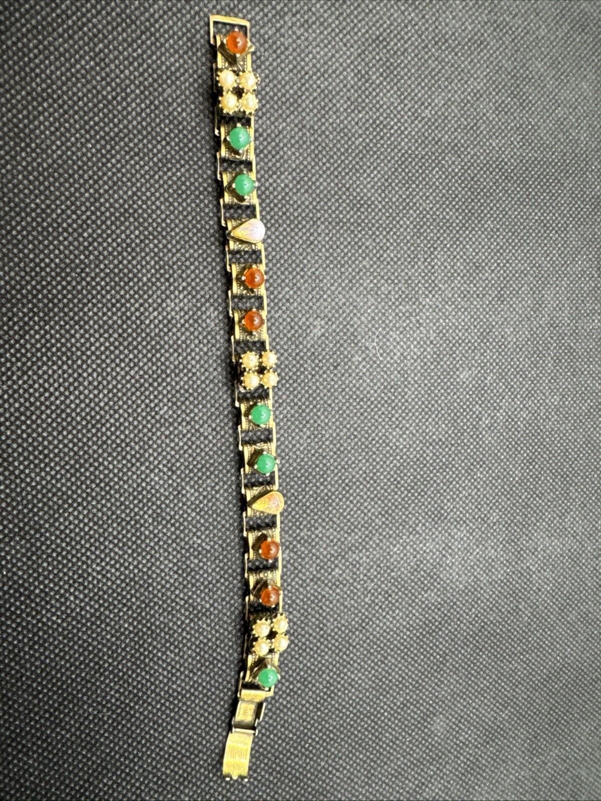 CC1127 Vtg Victorian Revival Book Chain Bracelet Faux Pearl, Opal, Emerald, Ruby