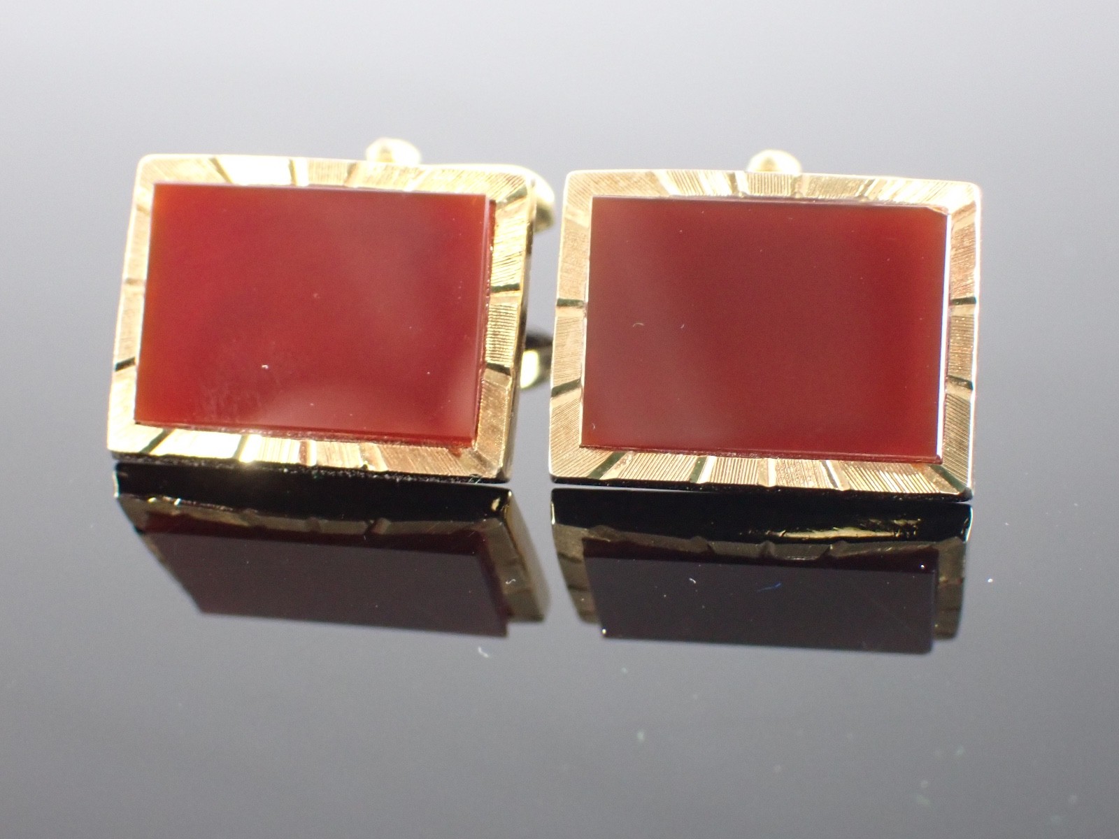 Vintage Gold Tone Red Stone Rectangular Cufflinks Mid Century Style