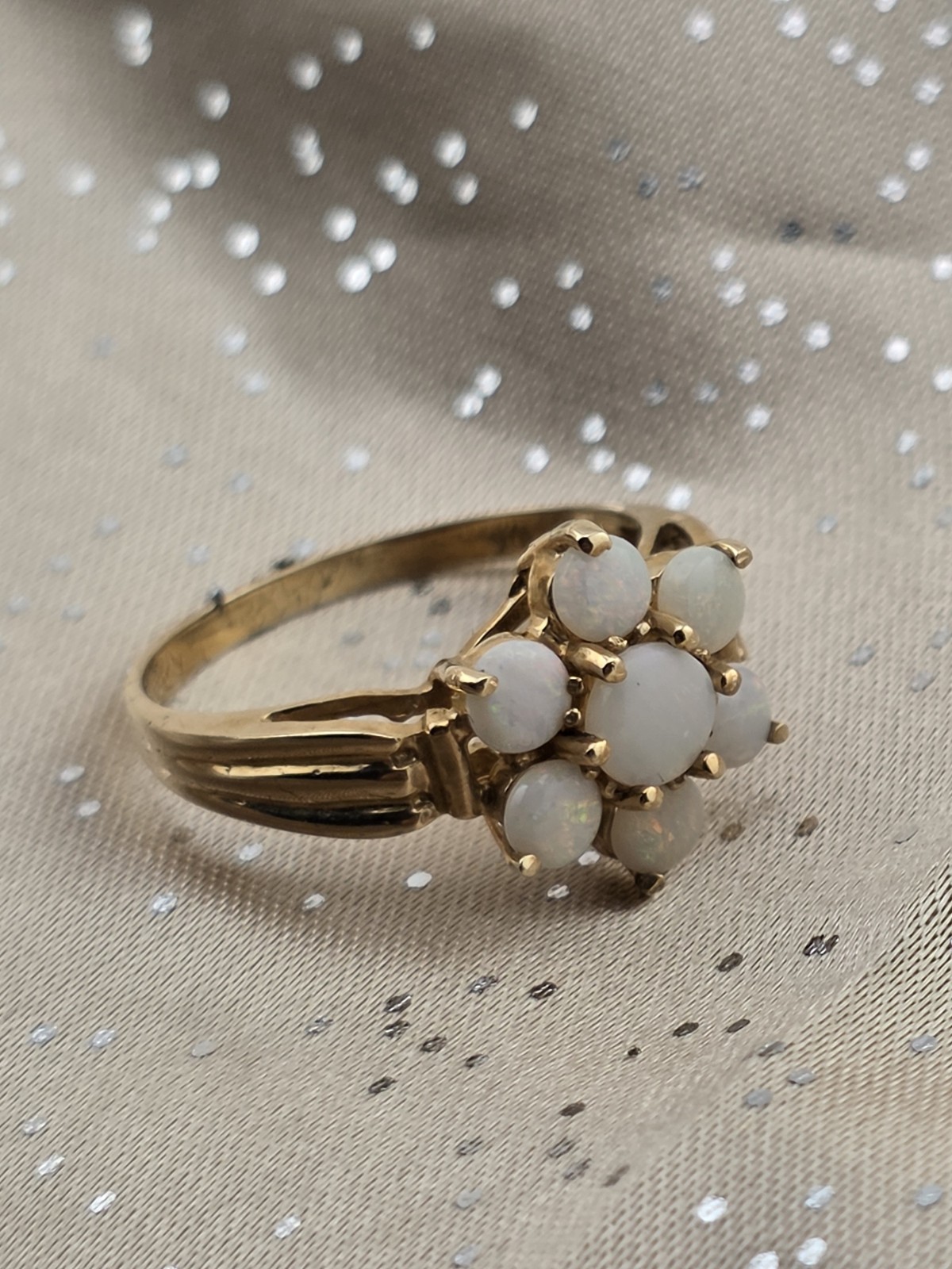 Antique 10K Solid Gold Natural Opal Cluster Ring Floral Estate Size 7.75. W Box.