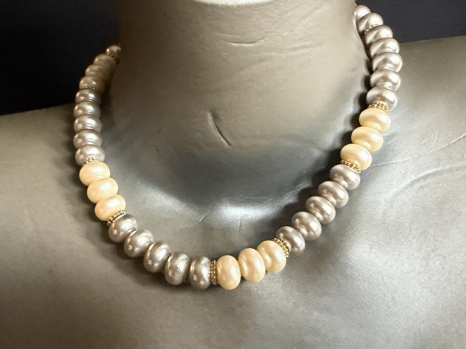 Monet Signed Vintage Faux Pearl Necklace Oval Baroque Gold Spacers 16.5 in