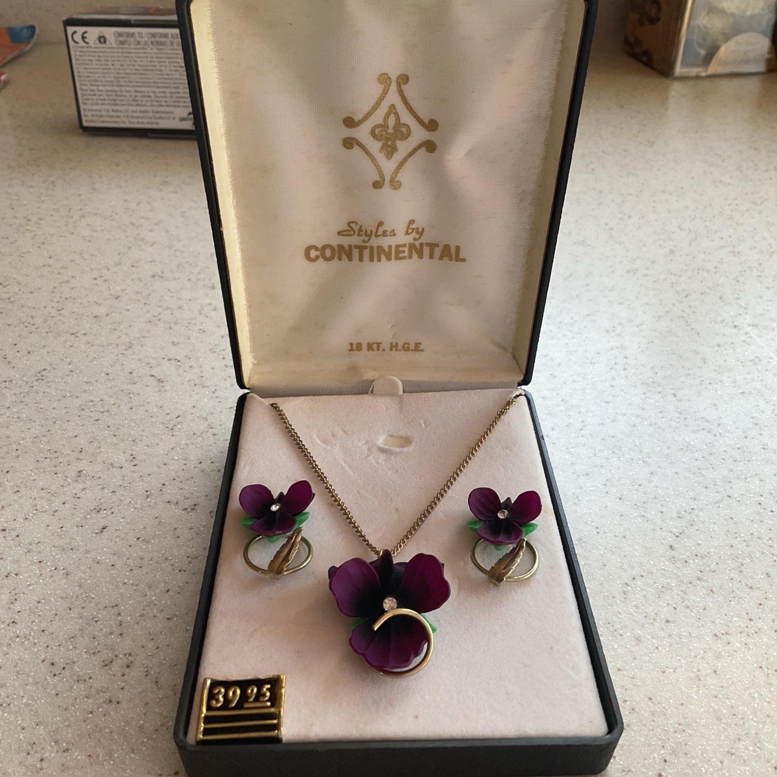 Vintage Necklace & Earrings Set Purple Pansy Flower New