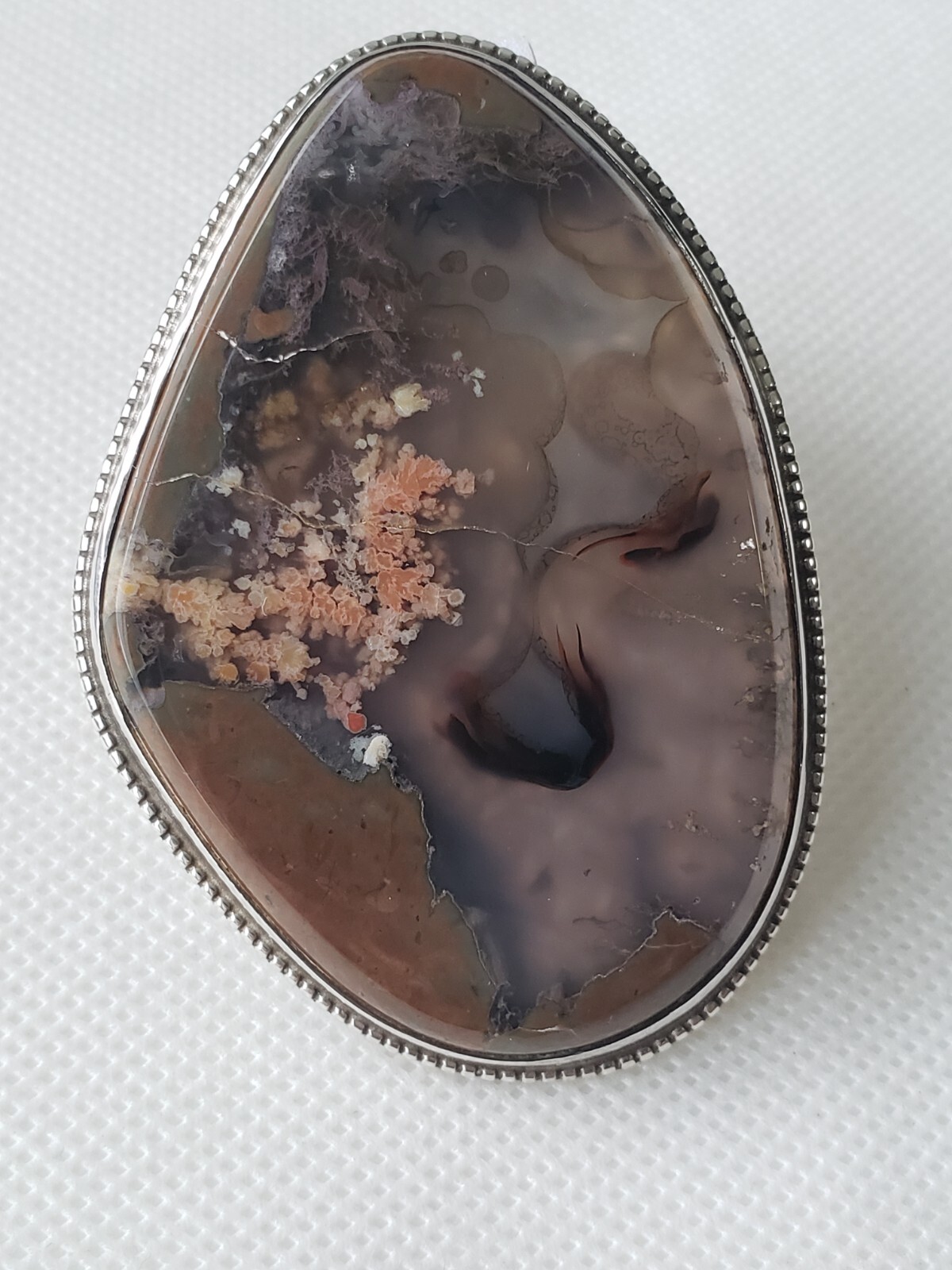 Large Vintage Sterling Silver Solid Moss Agate Brooch Pin or Pendant- 50.1 Grams