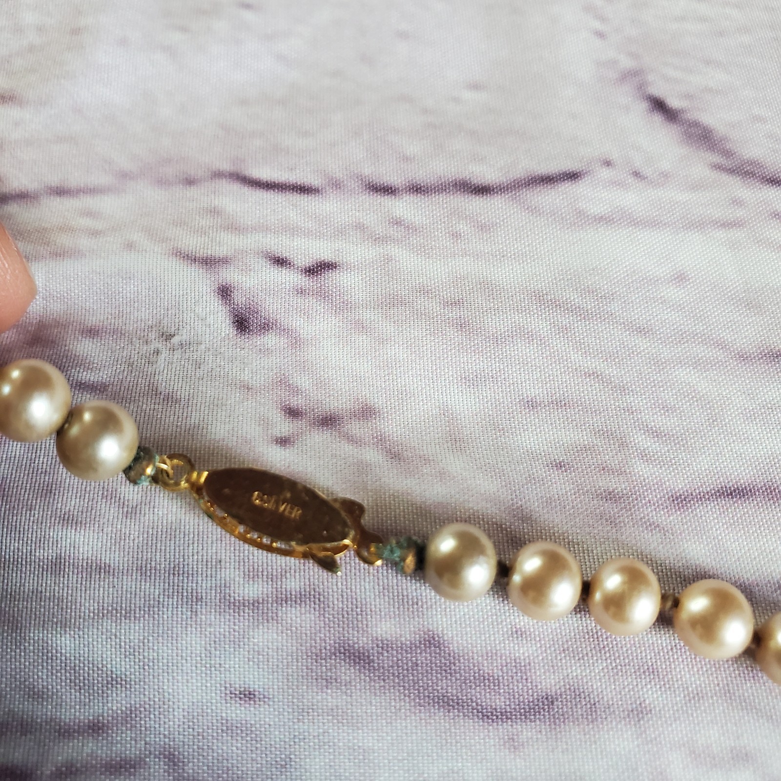 Vintage glass pearl necklace with sterling vermeil filigree clasp and hand knot