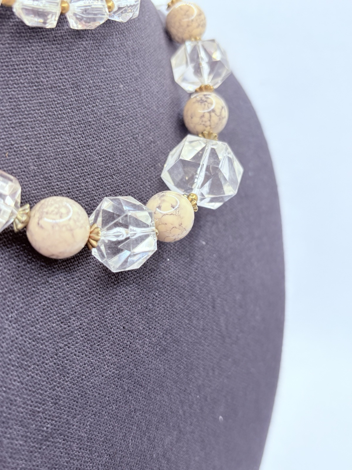 Vintage Faceted Acrylic And Faux Stone Necklace Large Beads Statement Cream