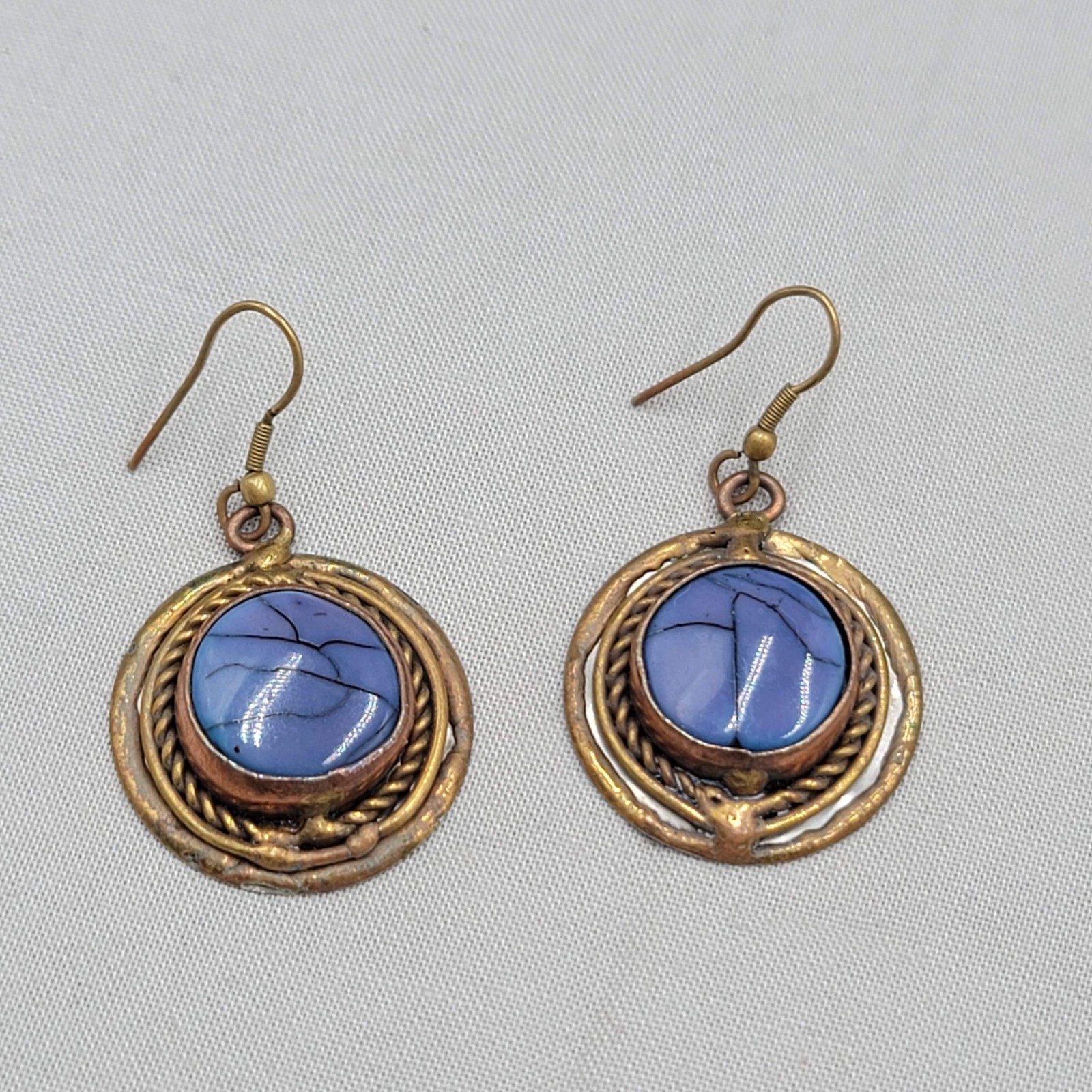 Vintage Blue Stone Pierced Earrings Brass Copper Dangle 1.25″