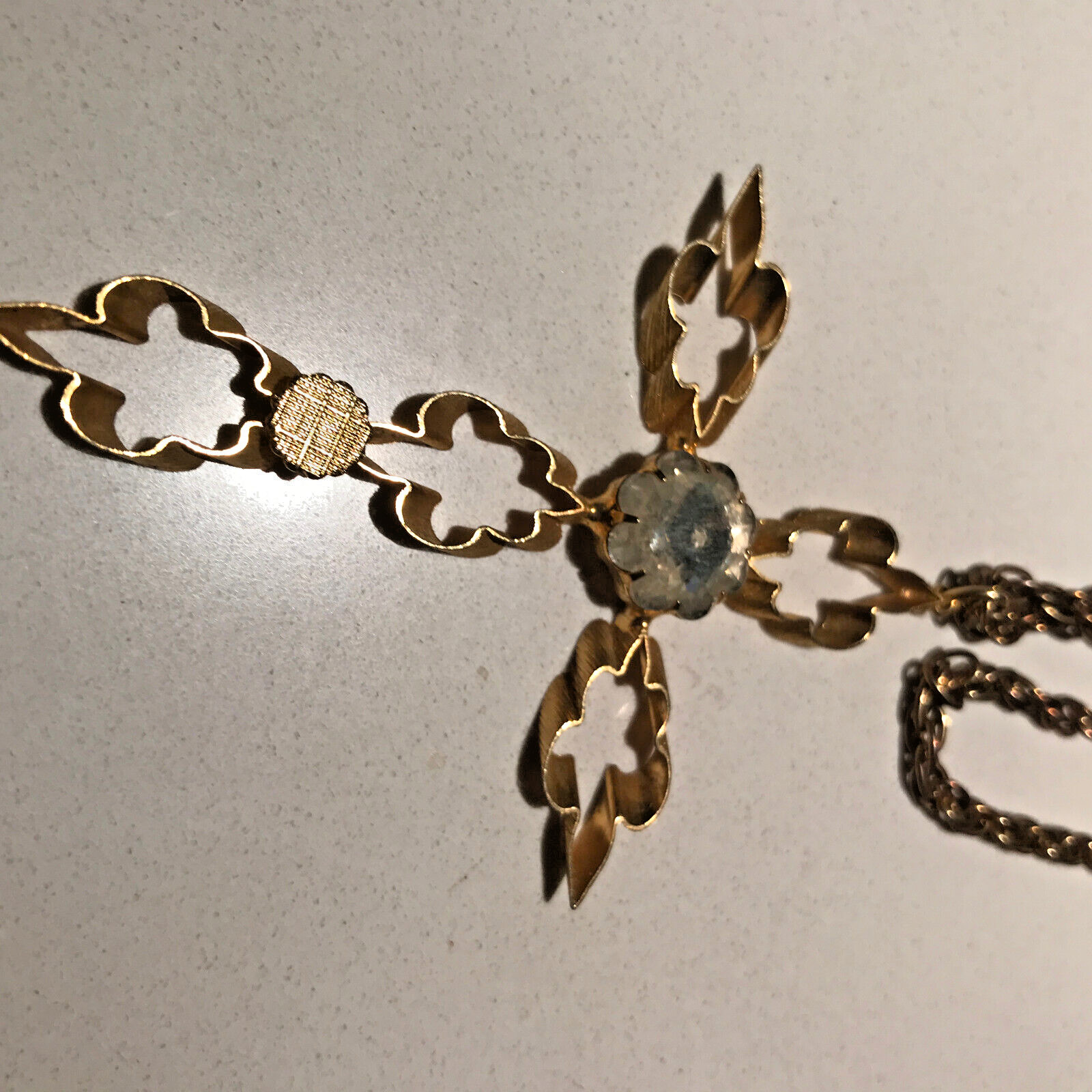 Vintage 3″ Gold Tone Cross 20″ Necklace Simulated Diamond April Birthstone