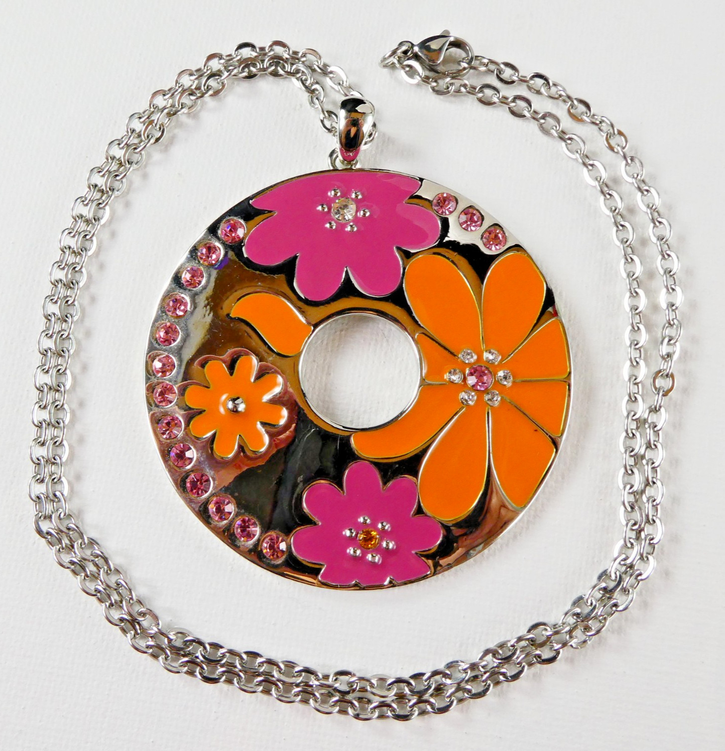 Lia Sophia Enamel Flower Pendant Retro Style Flower Power Silver Tone Necklace