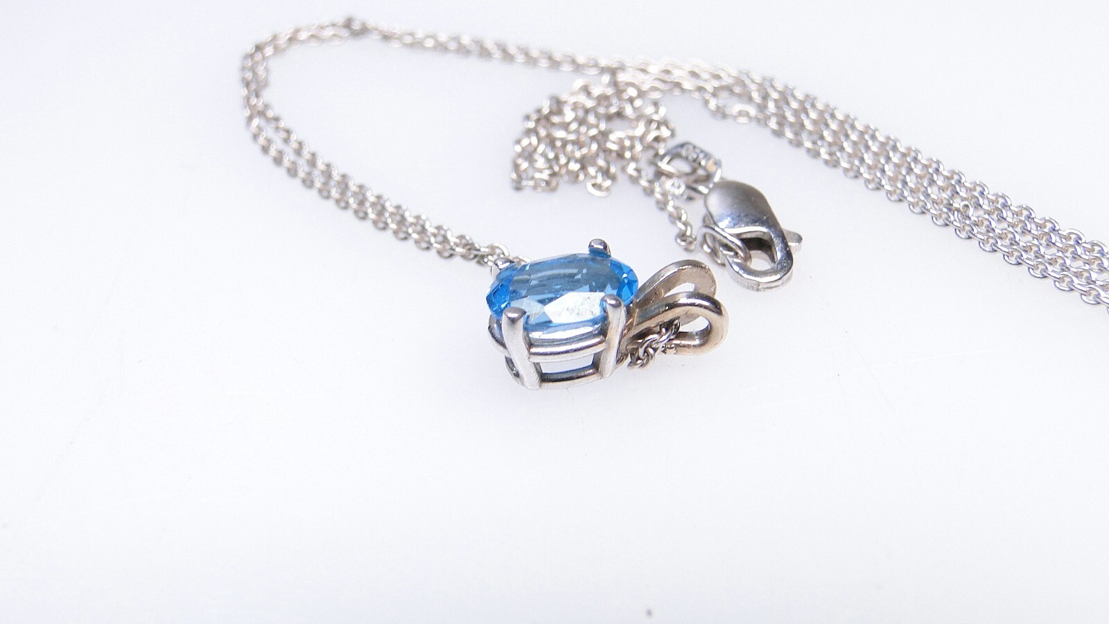 14K White Gold Blue Topaz Solitaire Pendant on Fine 14k WG Chain Necklace