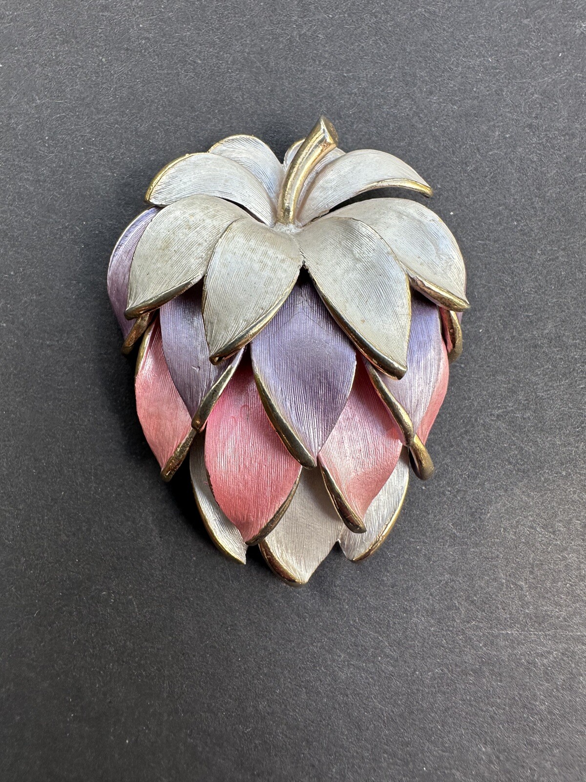 Multi-layered Leaf Shaped Brooch Gray Purple Pink White Gold Tone Vintage