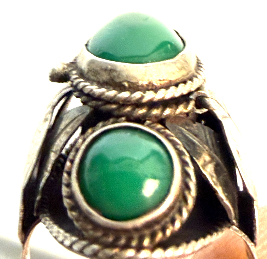 Vtg Taxco Mexico Sterling Green Onyx Chrysoprase Poison Ring Locket Box TA-24