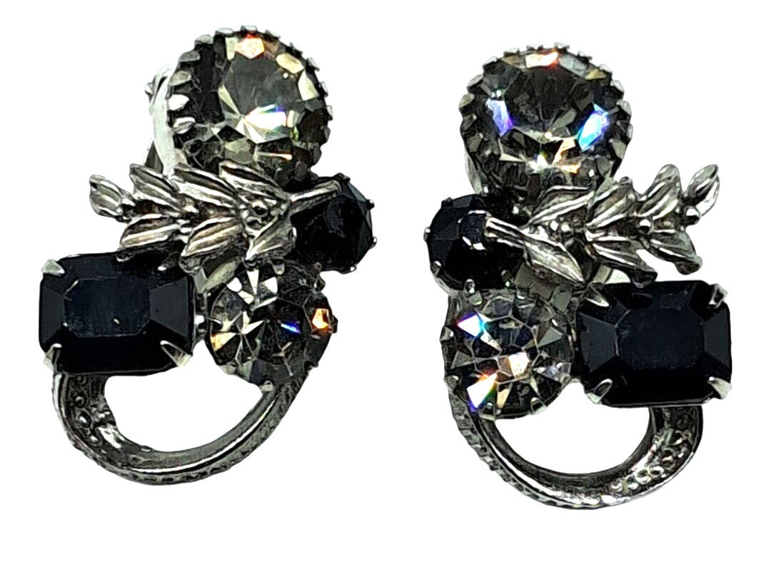 Vintage Rhinestone Brooch Earrings Set Black Clear Rhinestones Jewelry