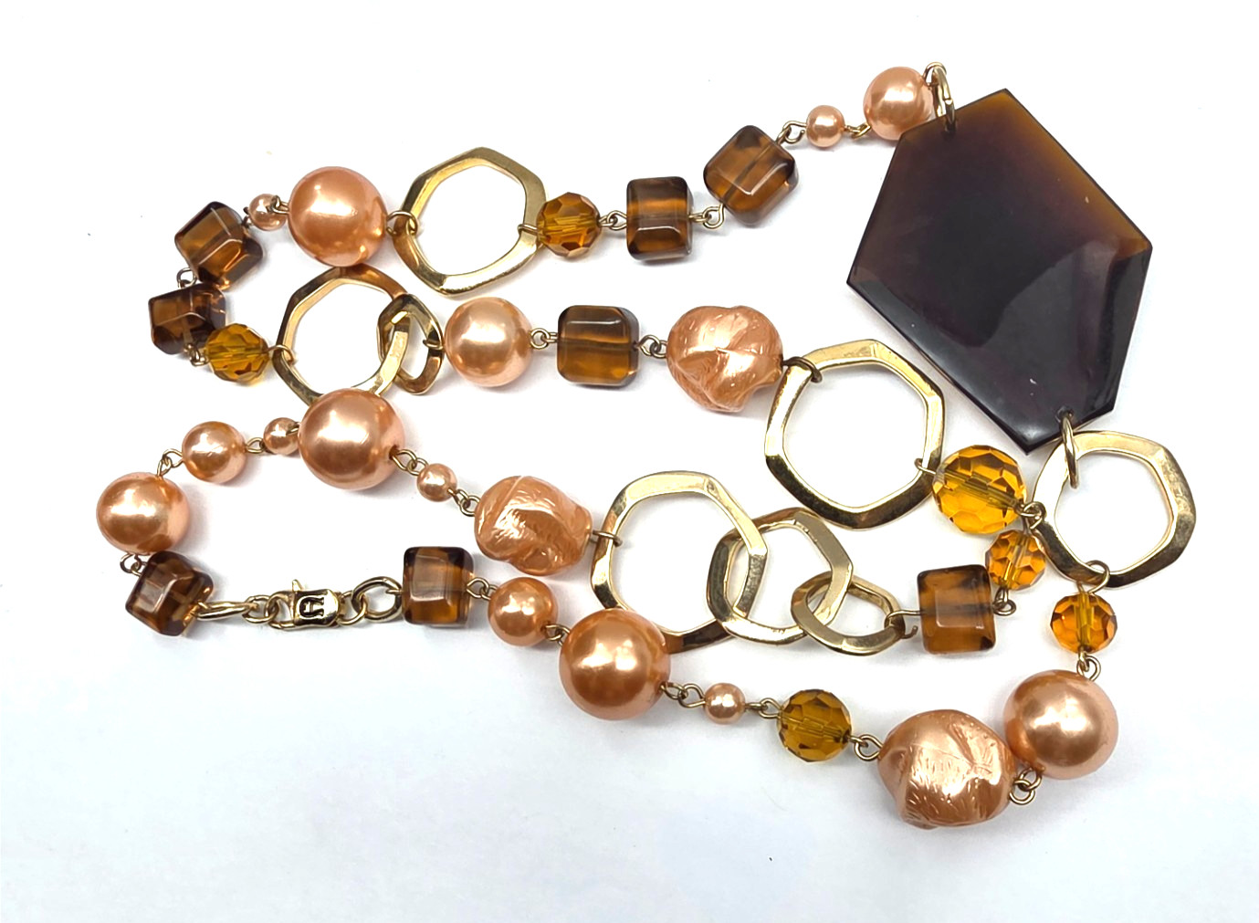 Signed Etienne Aigner Peach Faux Pearl Crystal Amber Acrylic Necklace Vintage