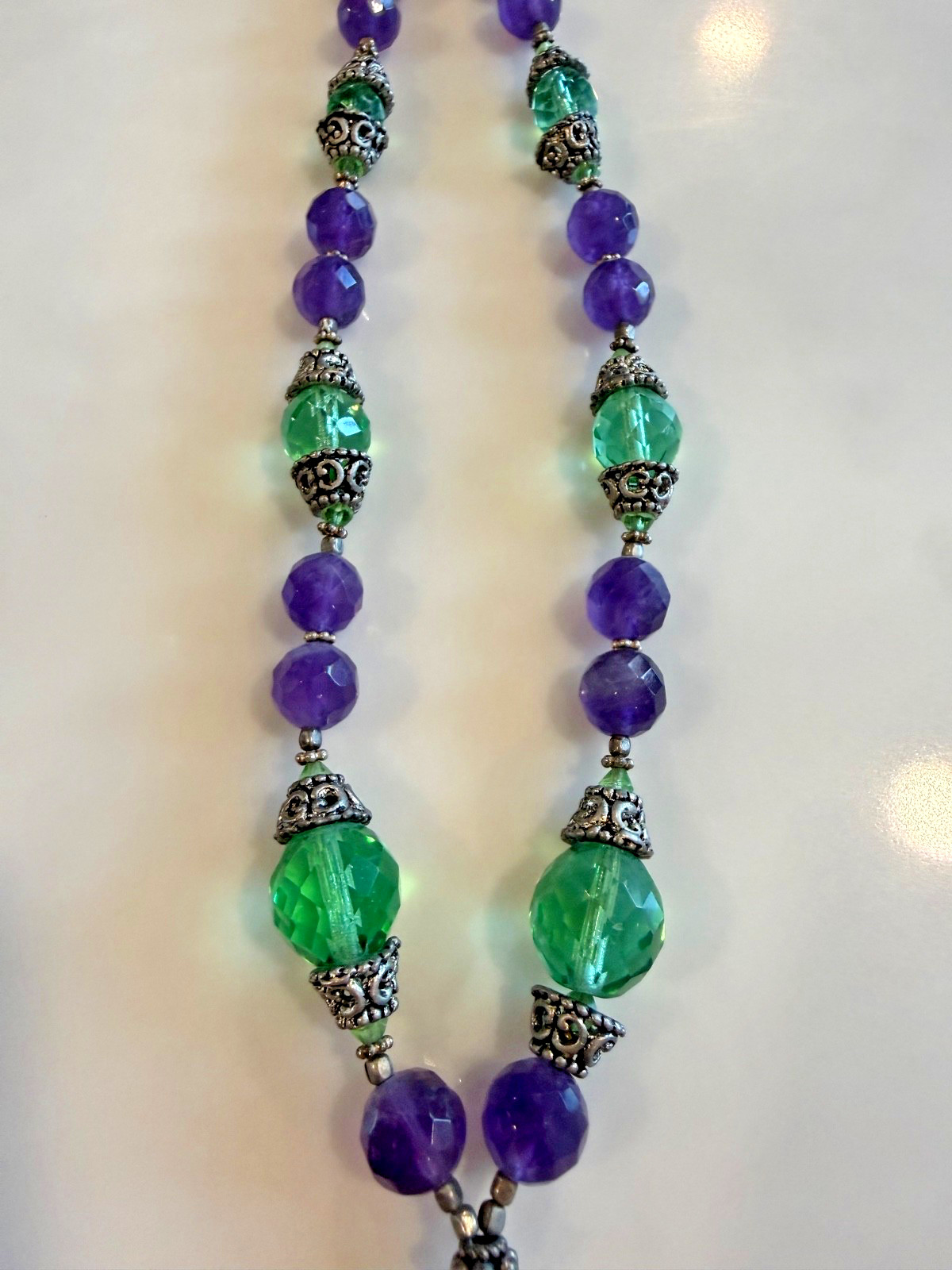 Vintage Sterling Necklace Boho Amethyst and Green Faceted Bead with Drop Crystal