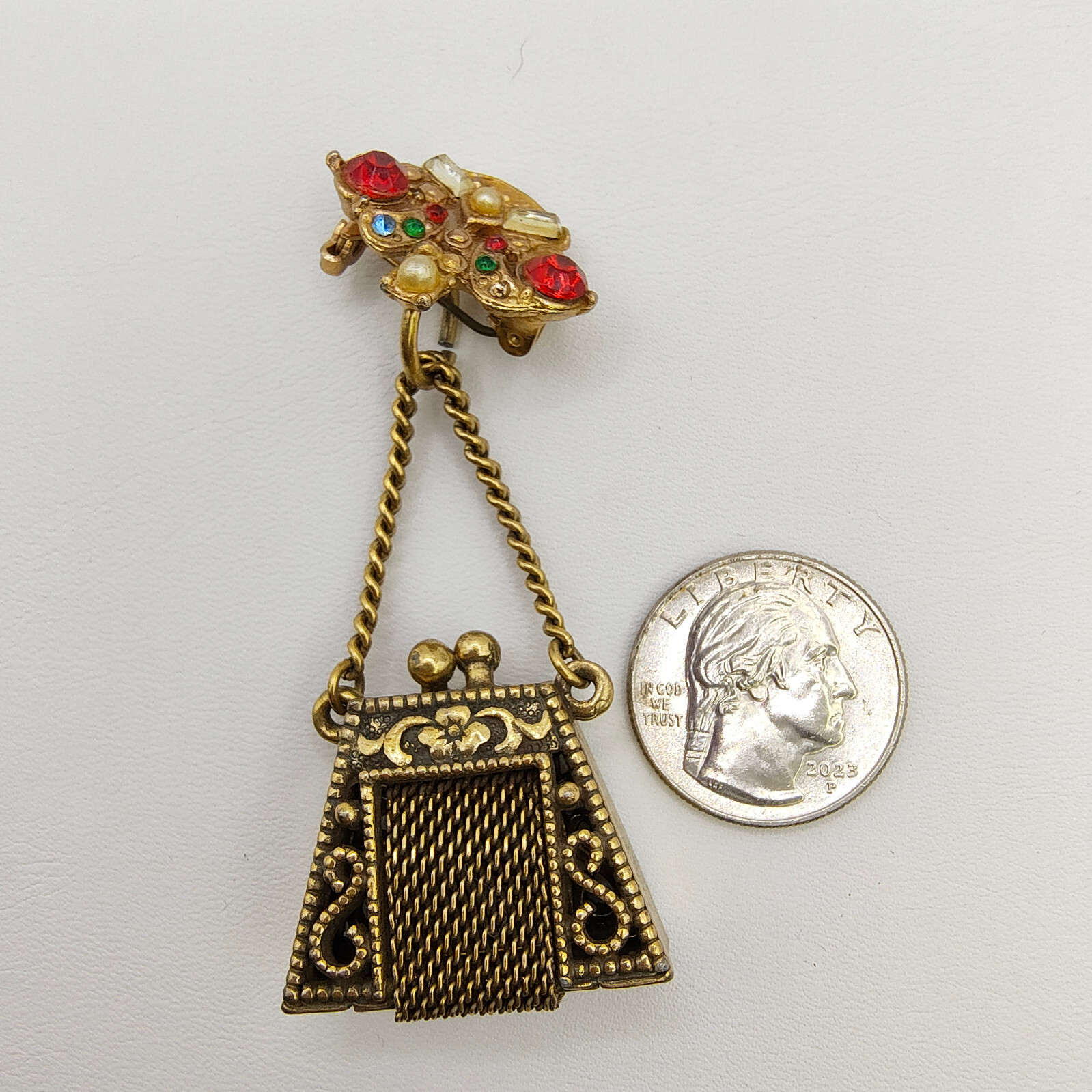 Vintage Purse Pill Box Brooch Pin Gold Tone Chatelaine Multicolor Rhinestone