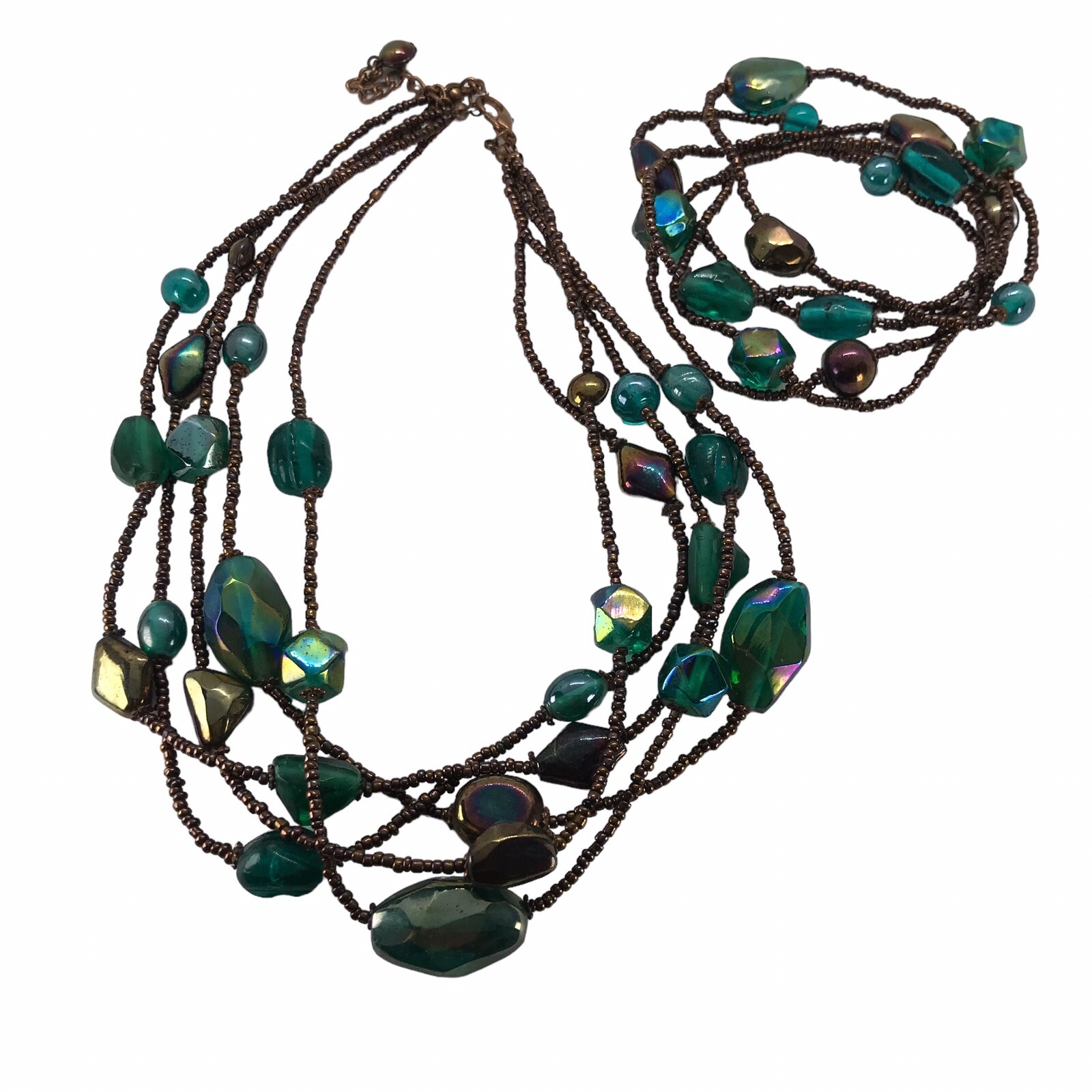 Vintage Artisan Glass Bead Necklace Multi strand with matching stretch bracelets