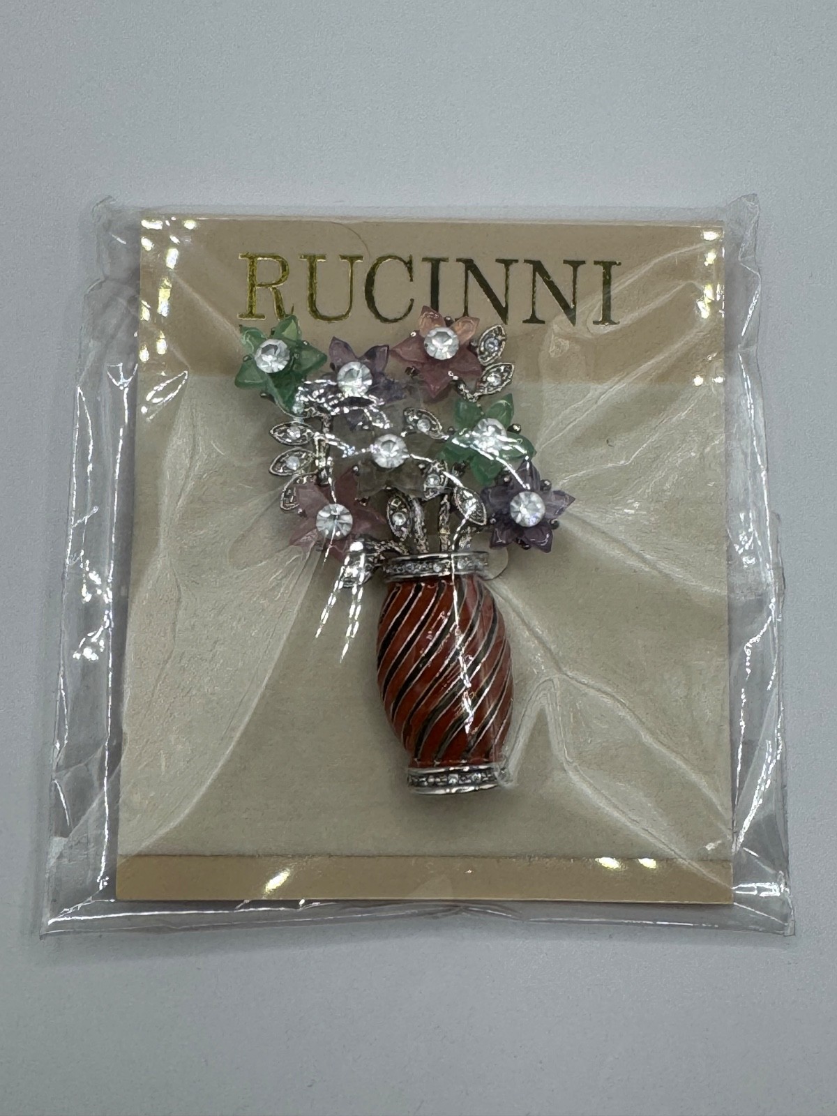 VINTAGE RUCINNI FLOWER BOUQUET IN VASE BROOCH PIN TEXTURED RHINESTONE ENAMEL