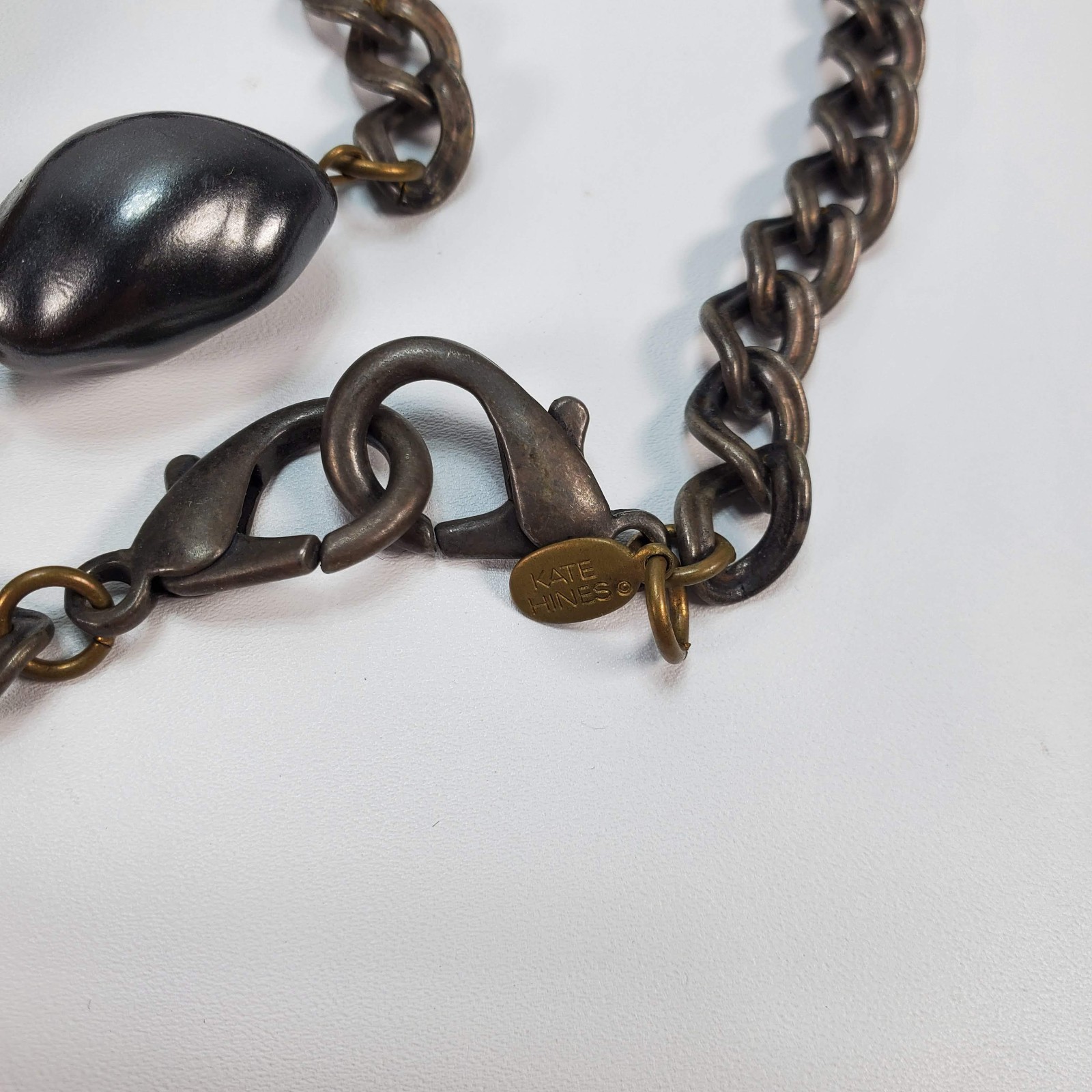 Kate Hines Necklace Metal Chain Beaded Greek Roman Brutalist 24″ Stone Vintage